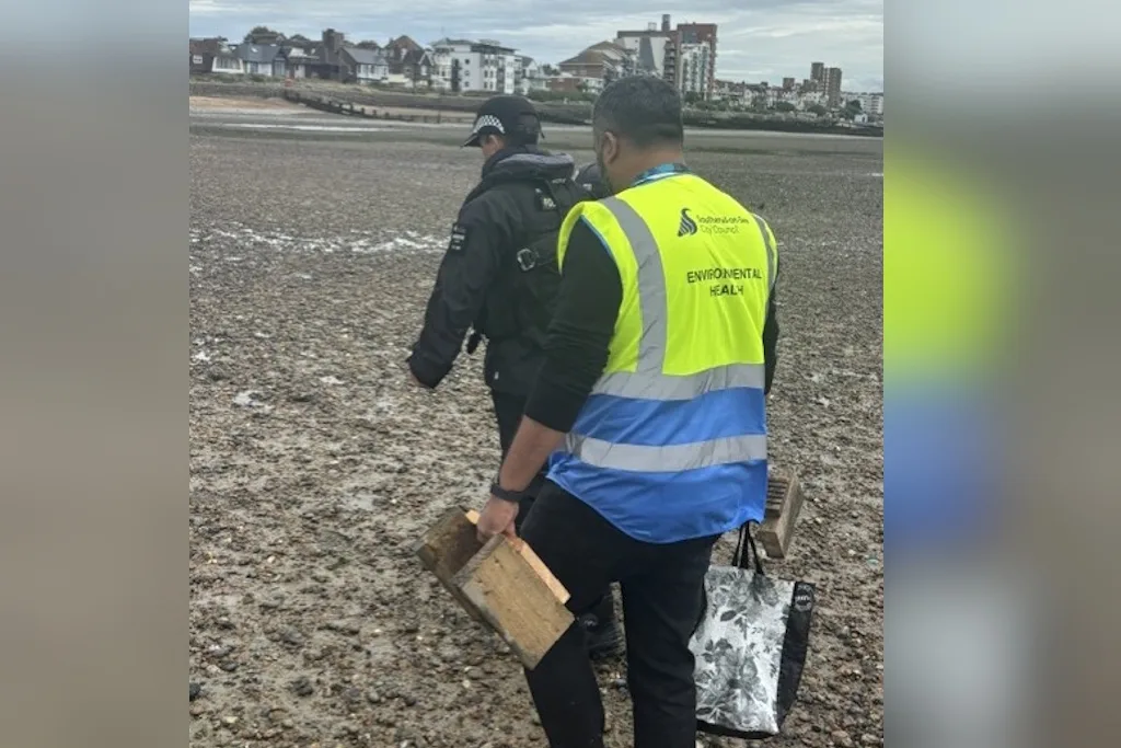 A Southend City Council environmental health officer in a yellow high-visibility vest, carrying a patterned shopping bag and pieces of wood, walks across the mud at low tide beside a police officer, with seafront flats in the background