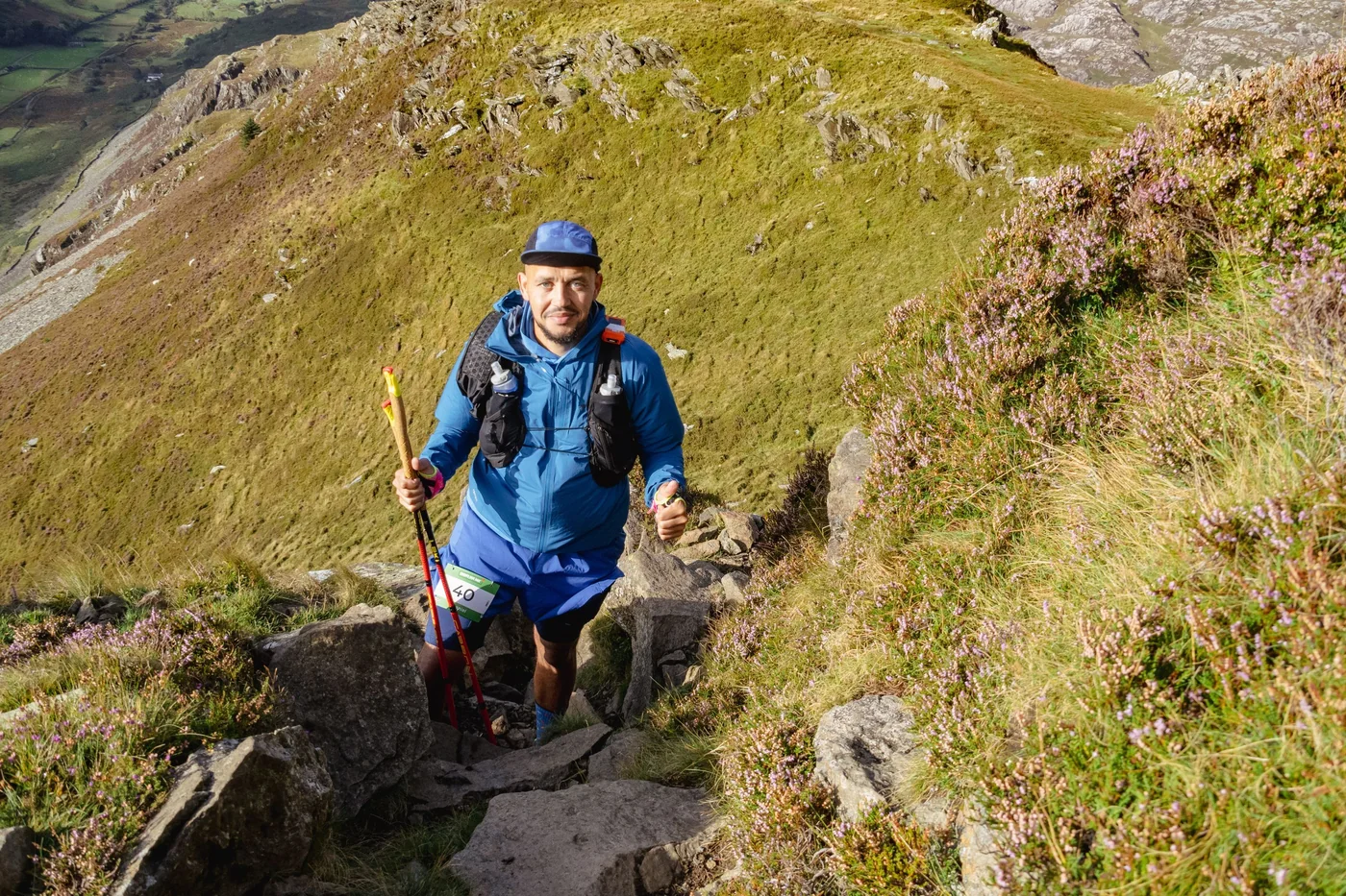 A runner climbing a path through heather on a ridge in the Welsh mountains