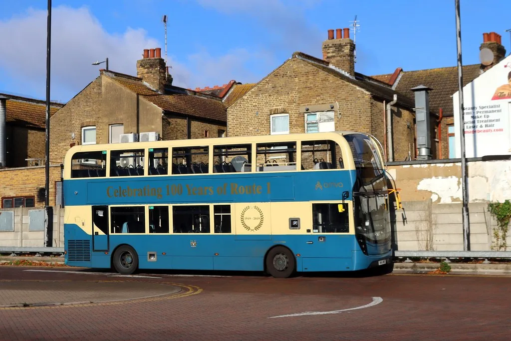 An Arriva bus in the old Southend Corporation colours at Southend bus station