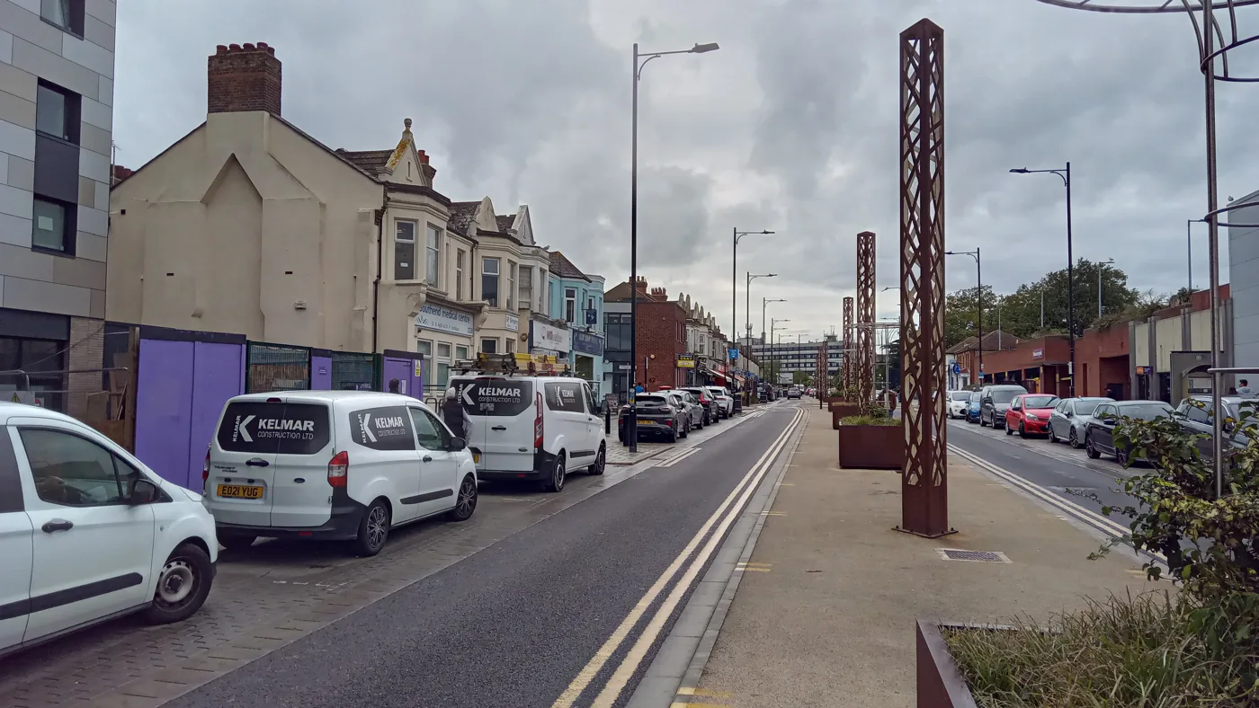 London Road in Southend town centre, photographed in 2024, a few hundred metres east of the Nazareth House site where the check was held. The photo does not show the operation